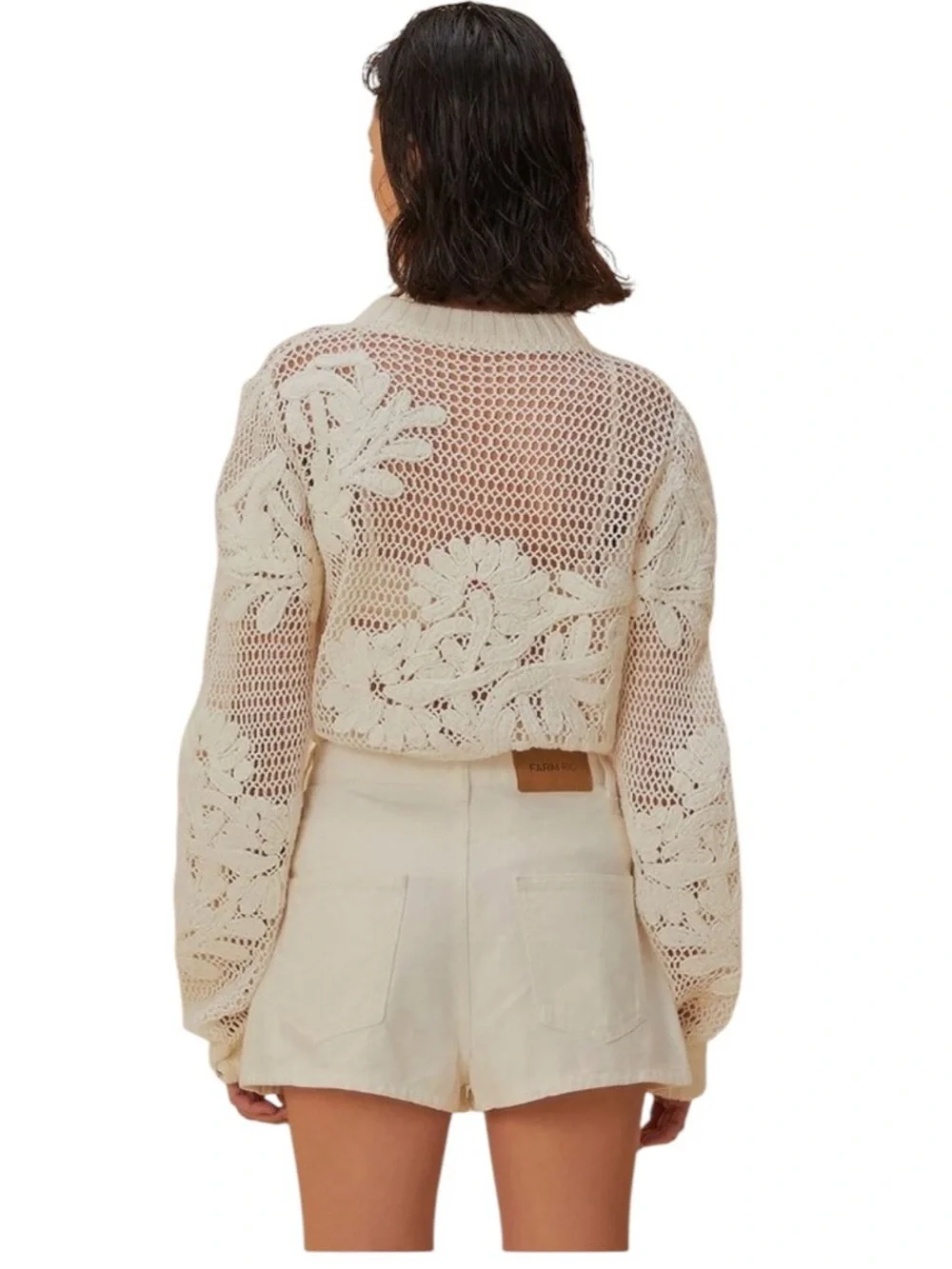 Farm Rio Crochet Denim Shorts White - Size: 30